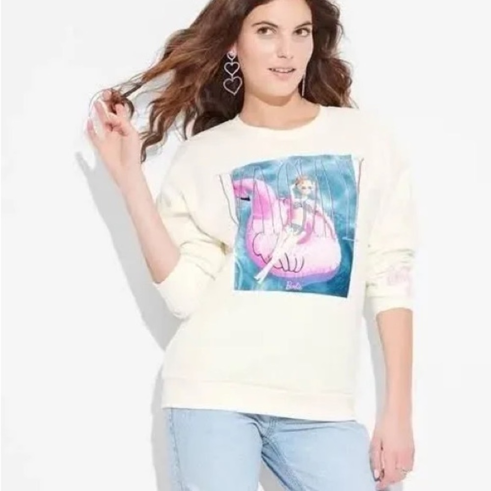 Barbie Sweatshirt with Blue and Pink Graphic in Cream size XS
